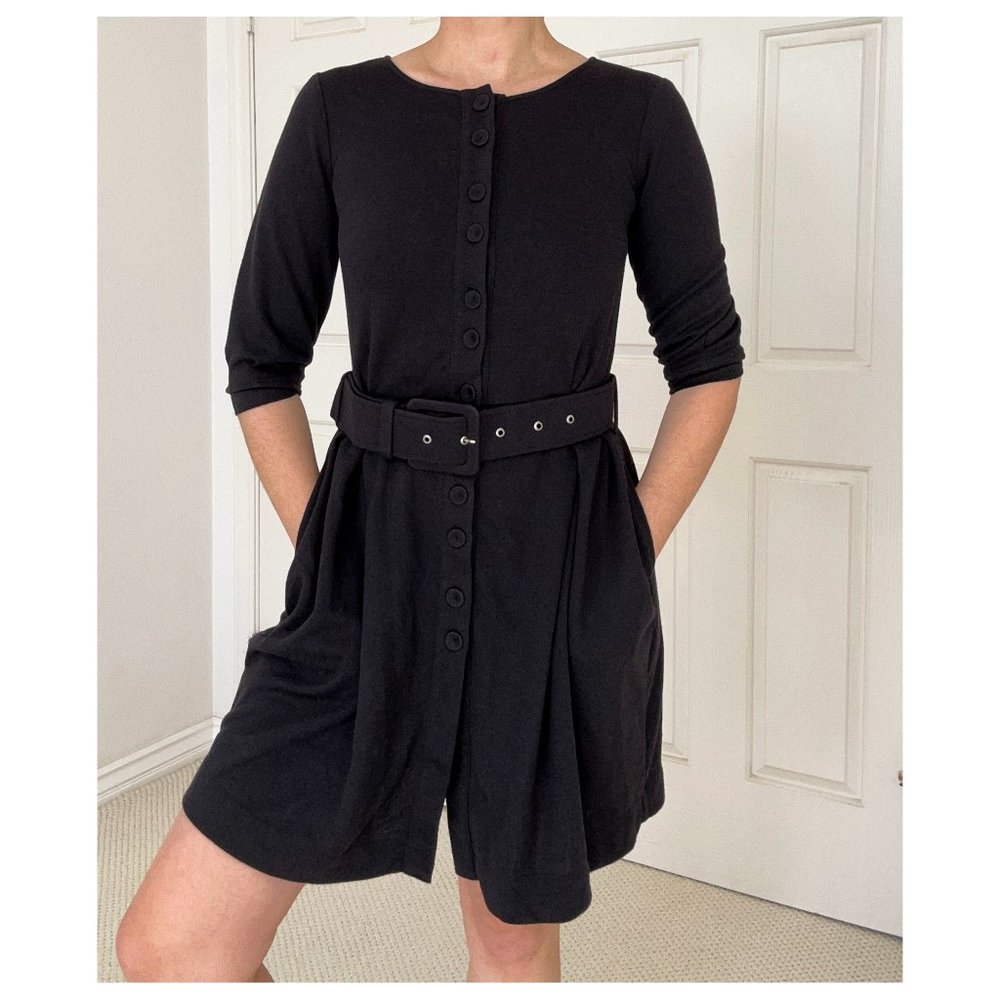 Black A-Line Dress, Above Knee, 3/4 Sleeves, Button Up, with Belt, Size S